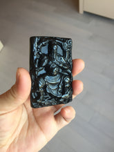 Load image into Gallery viewer, 100% Natural type A dark green black jadeite jade(墨翠, mocui) God of wealth General Guan (武财神关公) pendant pendant/worry stone AA64

