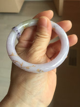 Load image into Gallery viewer, 54.5m Type A 100% Natural light purple brown white carved branches and flowers and golden-painted round cut jadeite jade bangle BH128
