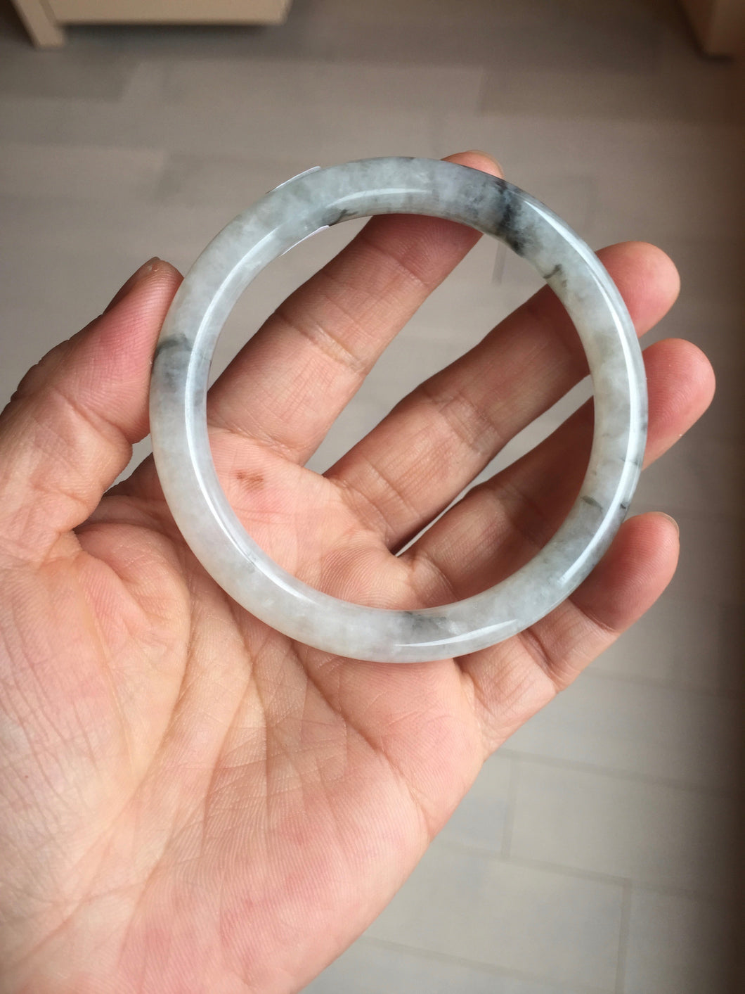 58.5mm certificated Type A 100% Natural icy watery light green/white with dark green floating flowers Chinese ink painting round cut Jadeite Jade bangle PB126-7352