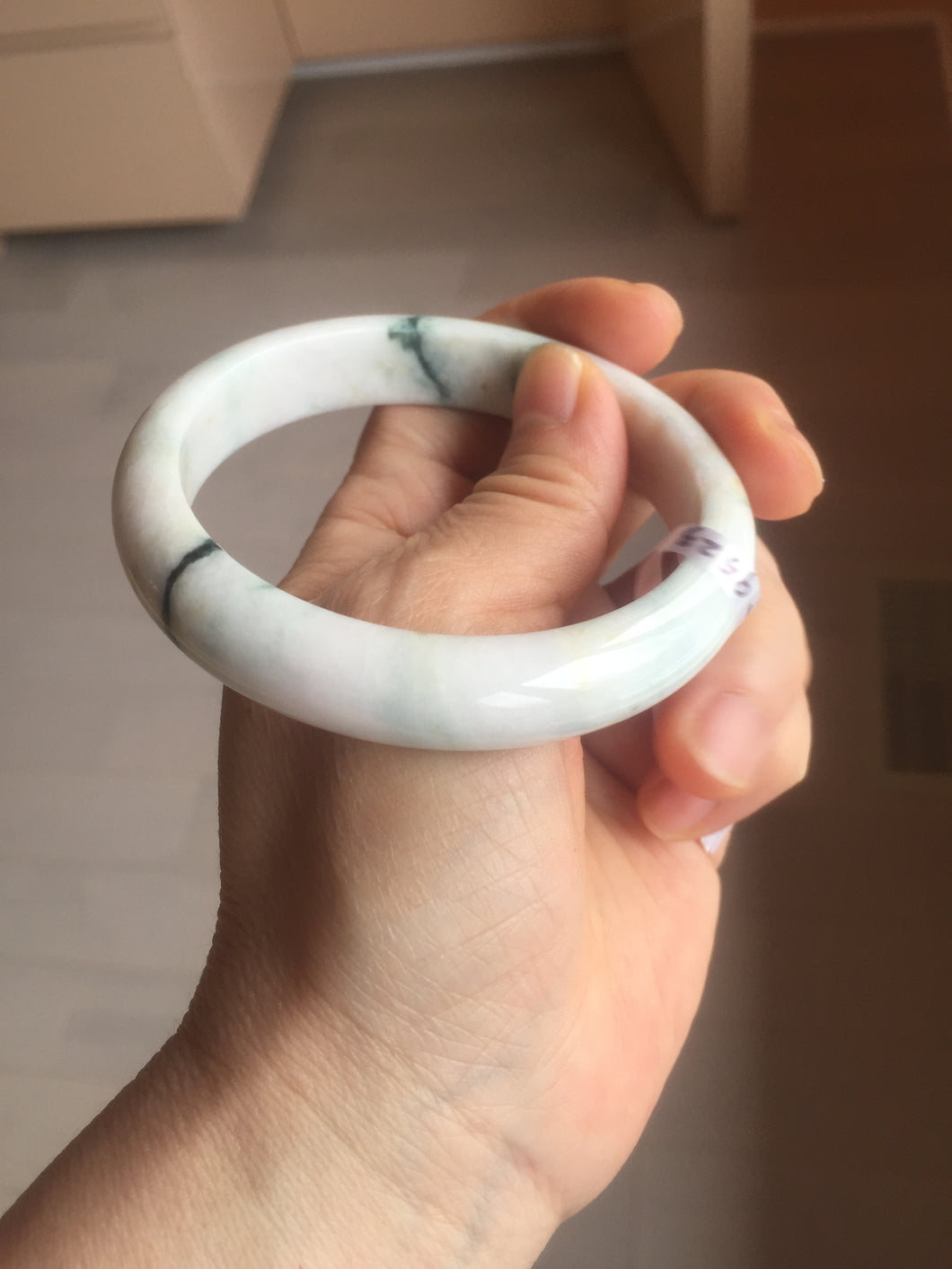 59.4mm Certificated Type A 100% Natural White purple with green floating flowers Jadeite Jade bangle G110-1-9523