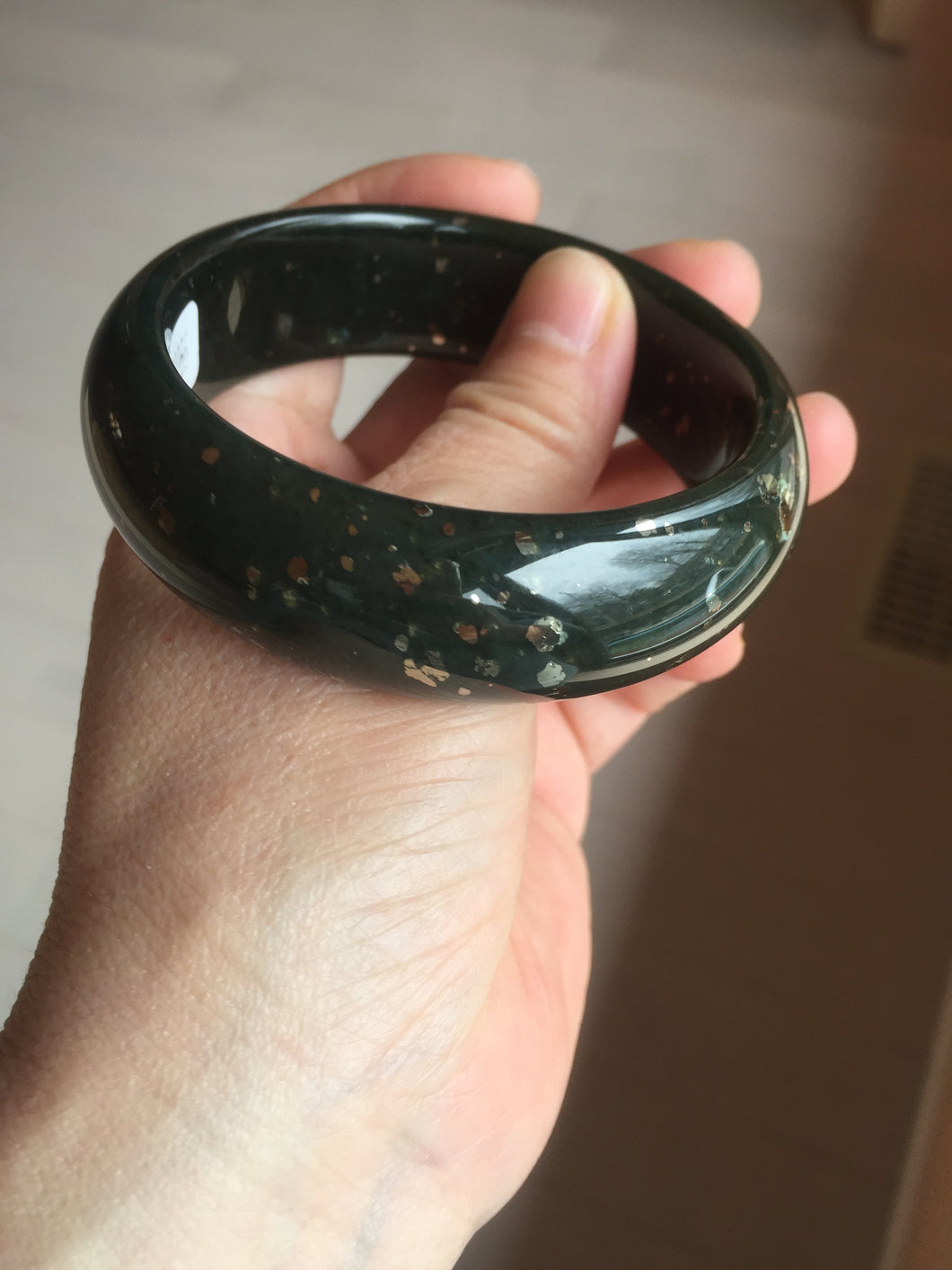 57.5mm 100% Natural dark green/black meteorite Stellar Night sky broad style nephrite Jade bangle HF109-0066