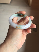Load image into Gallery viewer, 54mm 100% Natural type A dark green purple white carved plum bossom and golden-painted Jadeite Jade bangle BP166-0266
