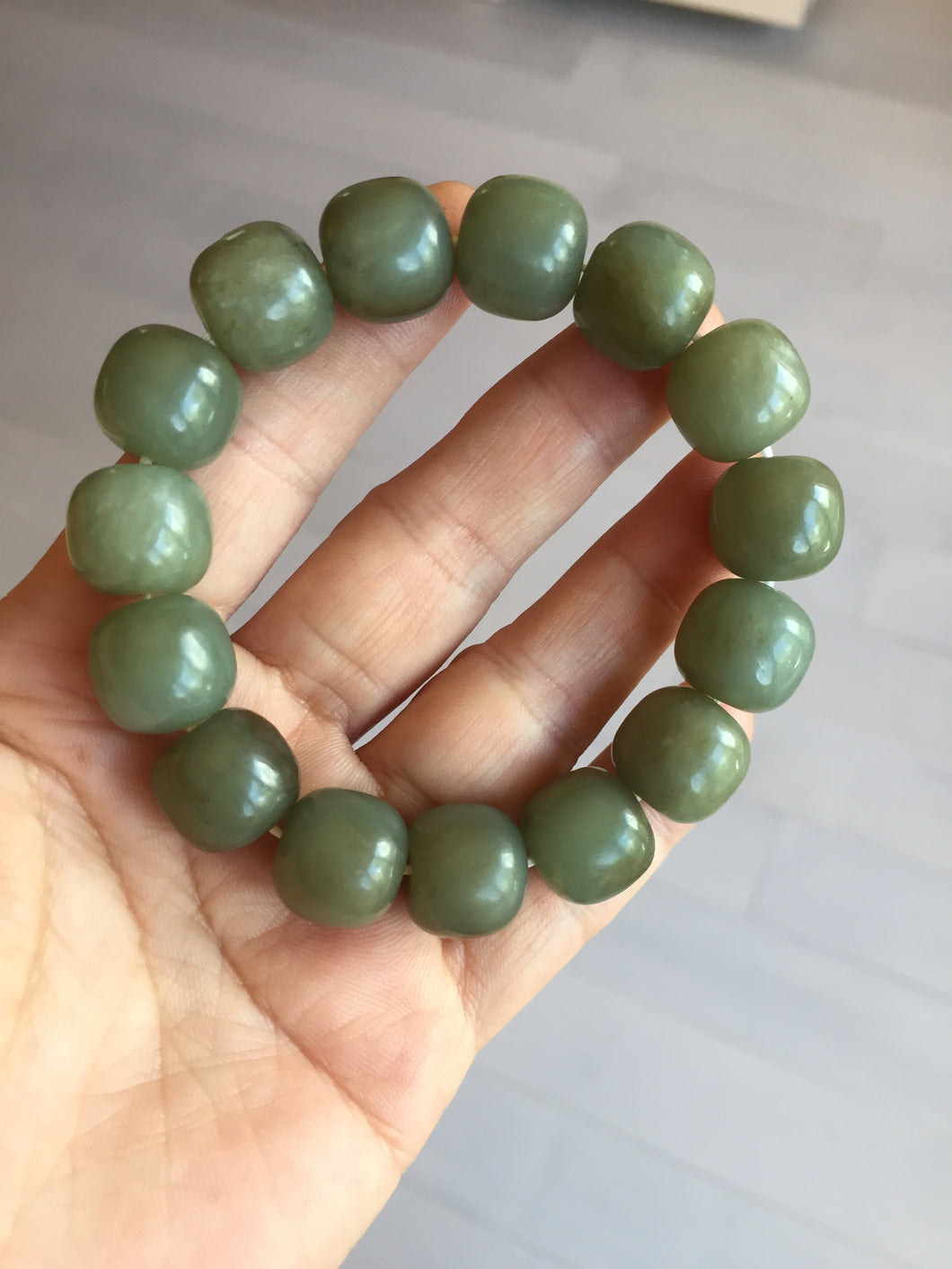 100% Natural 13.8x12.5mm dark green/gray/brown vintage style nephrite Jade bead bracelet HF76