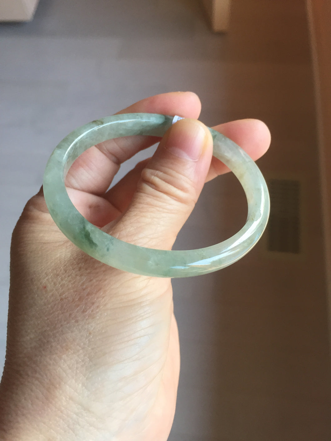 52mm Certified Type A 100% Natural icy watery light green/dark green/black oval Jadeite bangle PD108-8546
