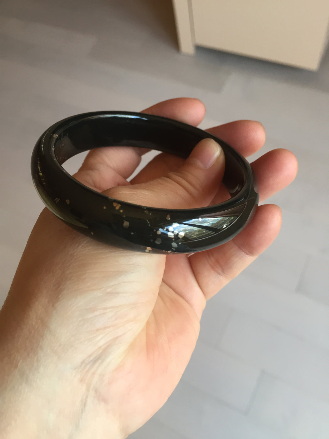 60.4mm 100% Natural dark green/black meteorite Stellar Night sky broad style nephrite Jade bangle HF117-1025