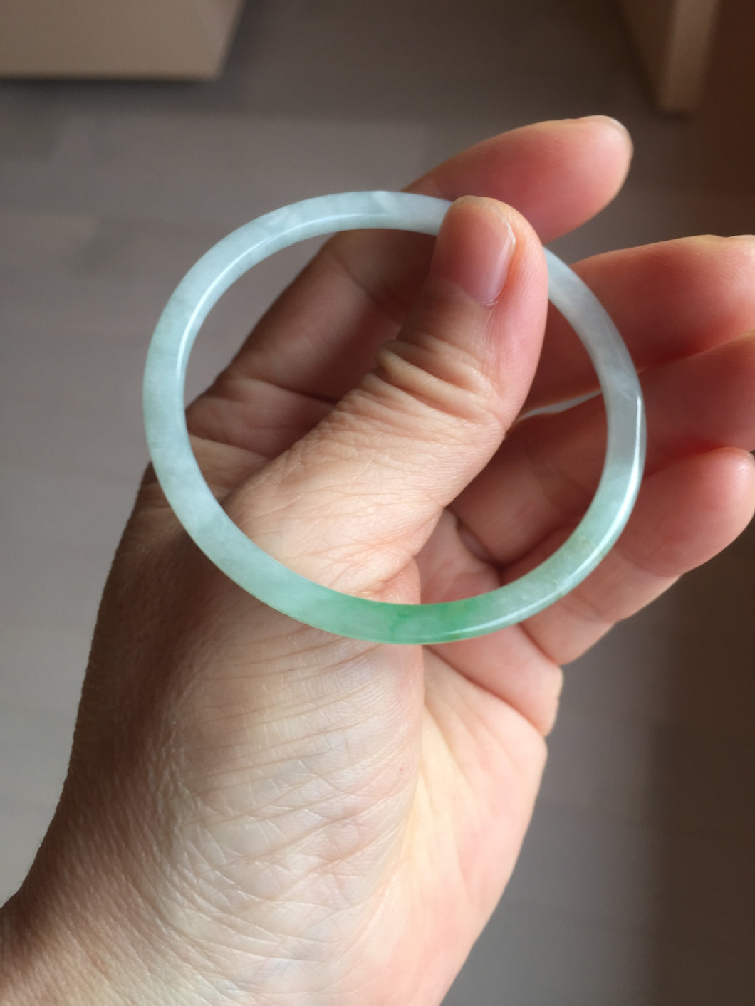 50.5mm certified 100% natural Type A sunny green/white thin flat jadeite jade bangle BG219-8578