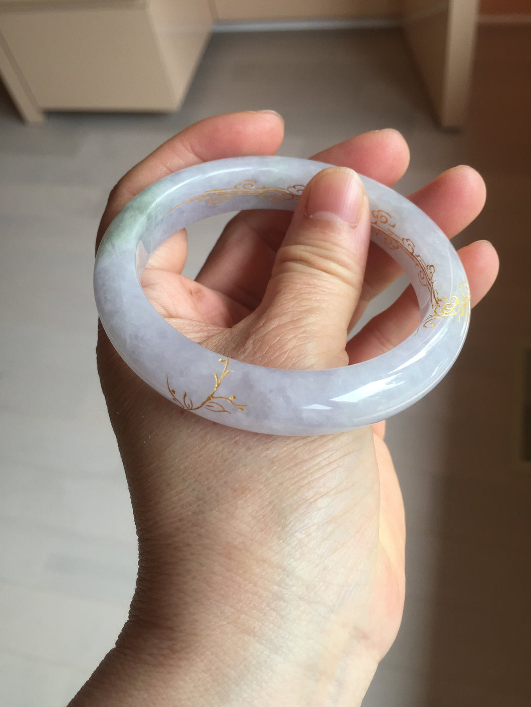 58.5mm Certified 100% Natural type A icy watery green/light purple carved and golden-painted Jadeite Jade bangle PC72-(0855)