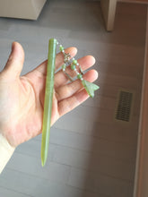 Load image into Gallery viewer, 15.5 cm 100% Natural Light Green/yellow Bamboo-Style Xiu Jade (Serpentine) Hairpin with fish tail Hanging Ornament AW45
