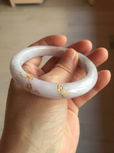Load image into Gallery viewer, 55.8mm 100% Natural type A light green purple white carved plum blossom and golden-painted Jadeite Jade bangle PE35
