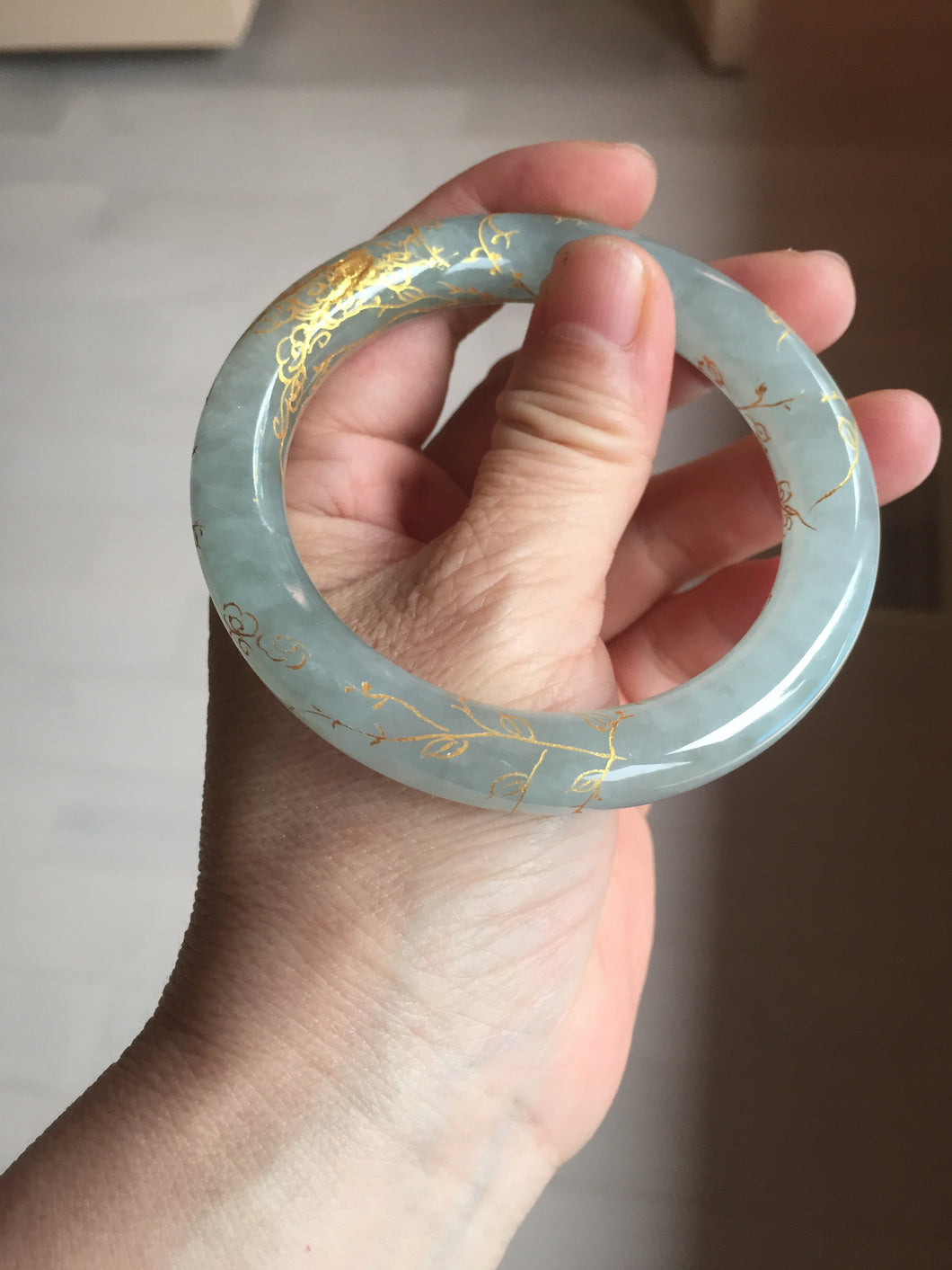 56.5mm 100% Natural type A light green white carved and golden-painted chubby round cut Jadeite Jade bangle PA170-2942