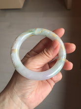 Load image into Gallery viewer, 55.3mm 100% Natural type A sunny green purple white carved flowers and golden-painted chubby Jadeite Jade bangle PF17-2326
