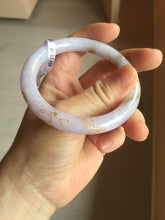 Load image into Gallery viewer, 54.5m Type A 100% Natural light purple brown white carved branches and flowers and golden-painted round cut jadeite jade bangle BH128
