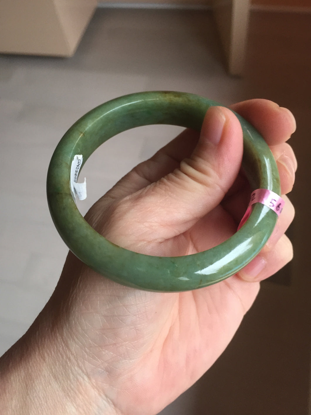 56mm Certified Type A 100% Natural Pine Green subtle mottling russet accent Jadeite bangle KS40-1642