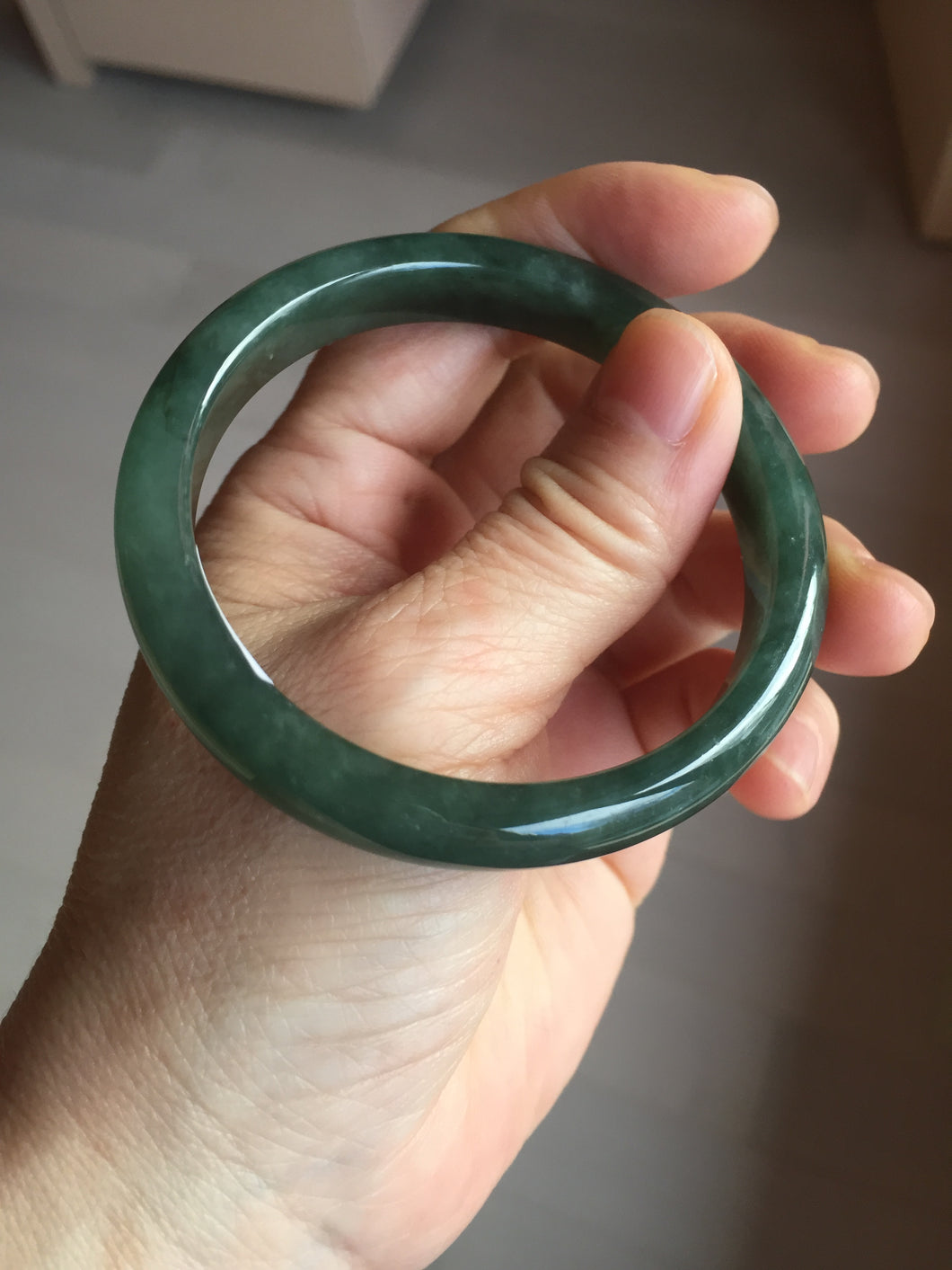 55.5mm Certified Type A 100% Natural oily dark green(老油青)/gray Jadeite bangle BG229-0411