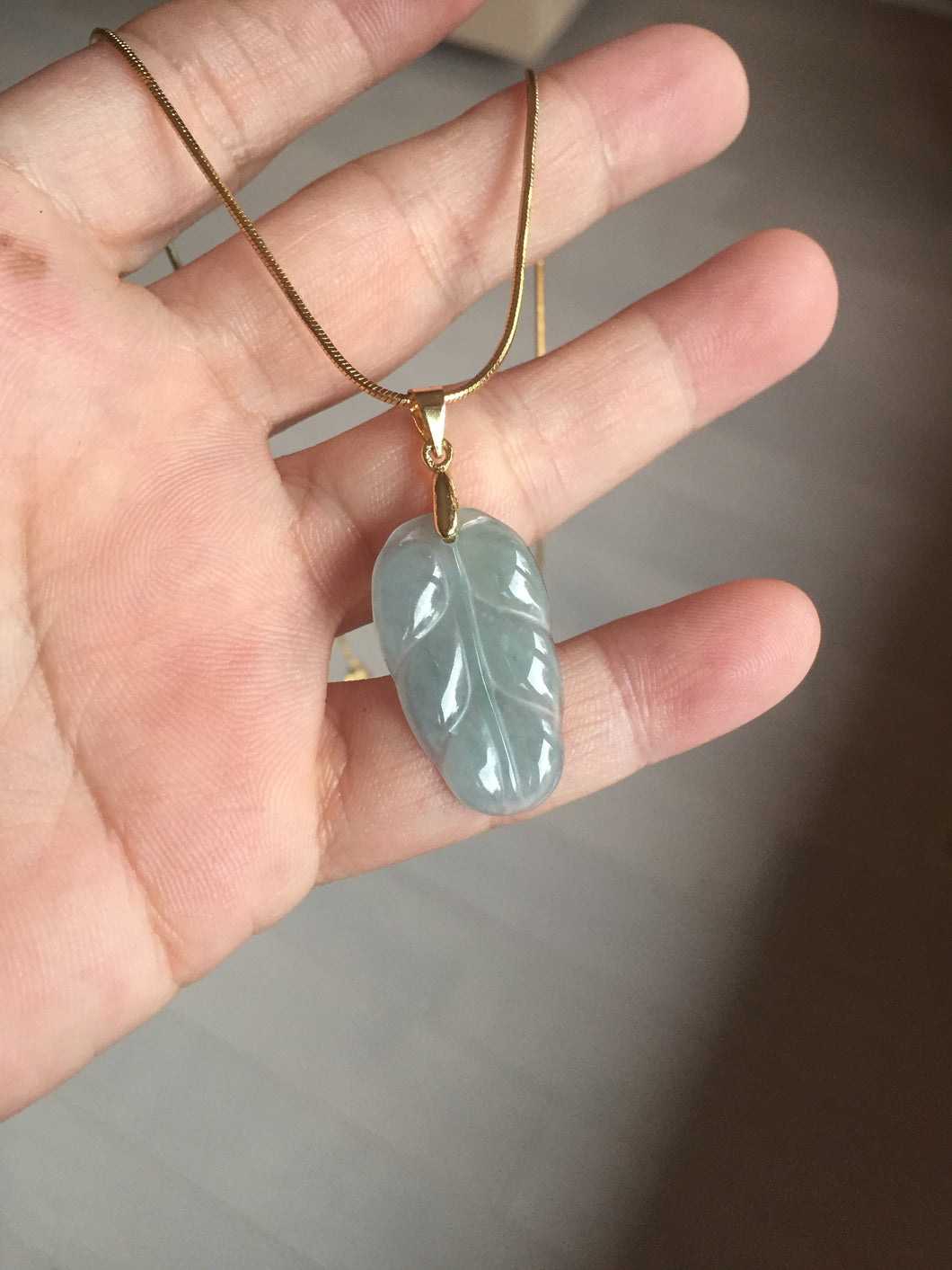 100% natural type A icy watery light green blue gray Guatemala jadeite leaf pendant PD6
