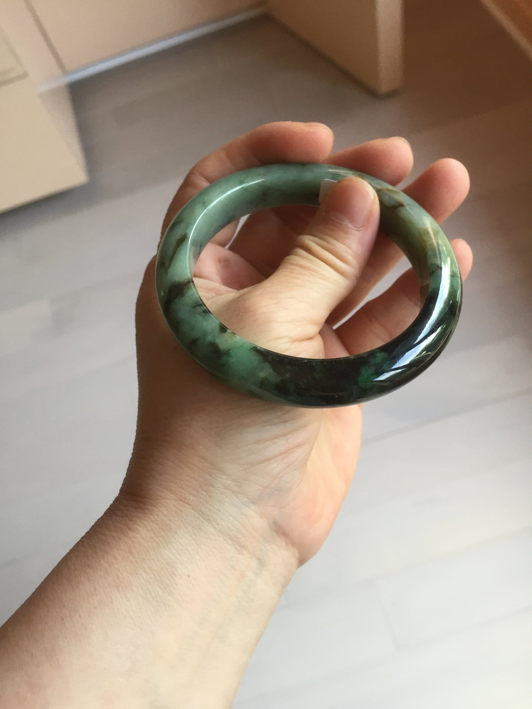 58.7mm Certified 100% natural Type A dark green/sunny green/black/red/brown jadeite bangle PD81-9784