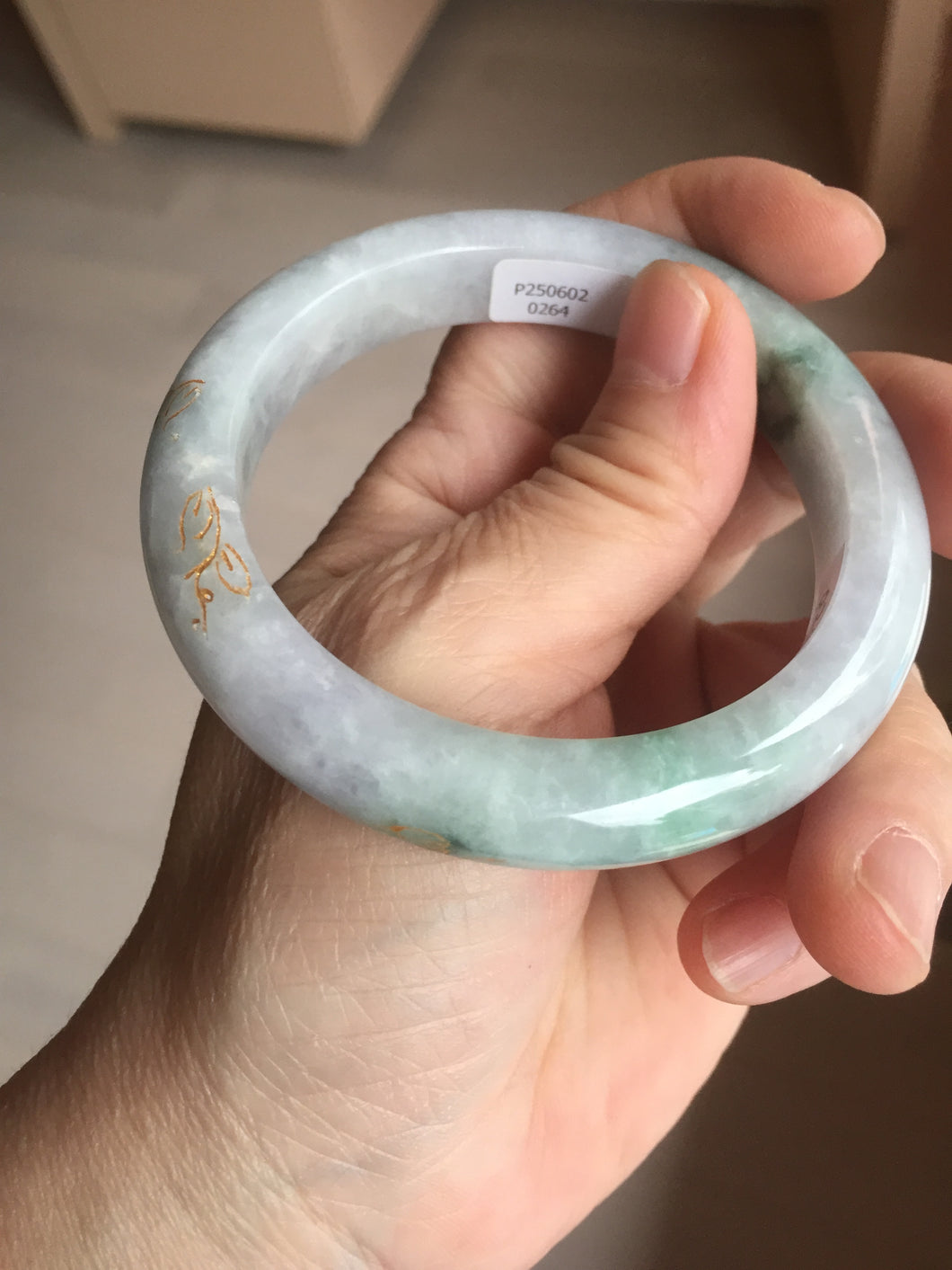 55.4mm 100% Natural type A green purple white carved flowers and golden-painted Jadeite Jade bangle PB228-0264