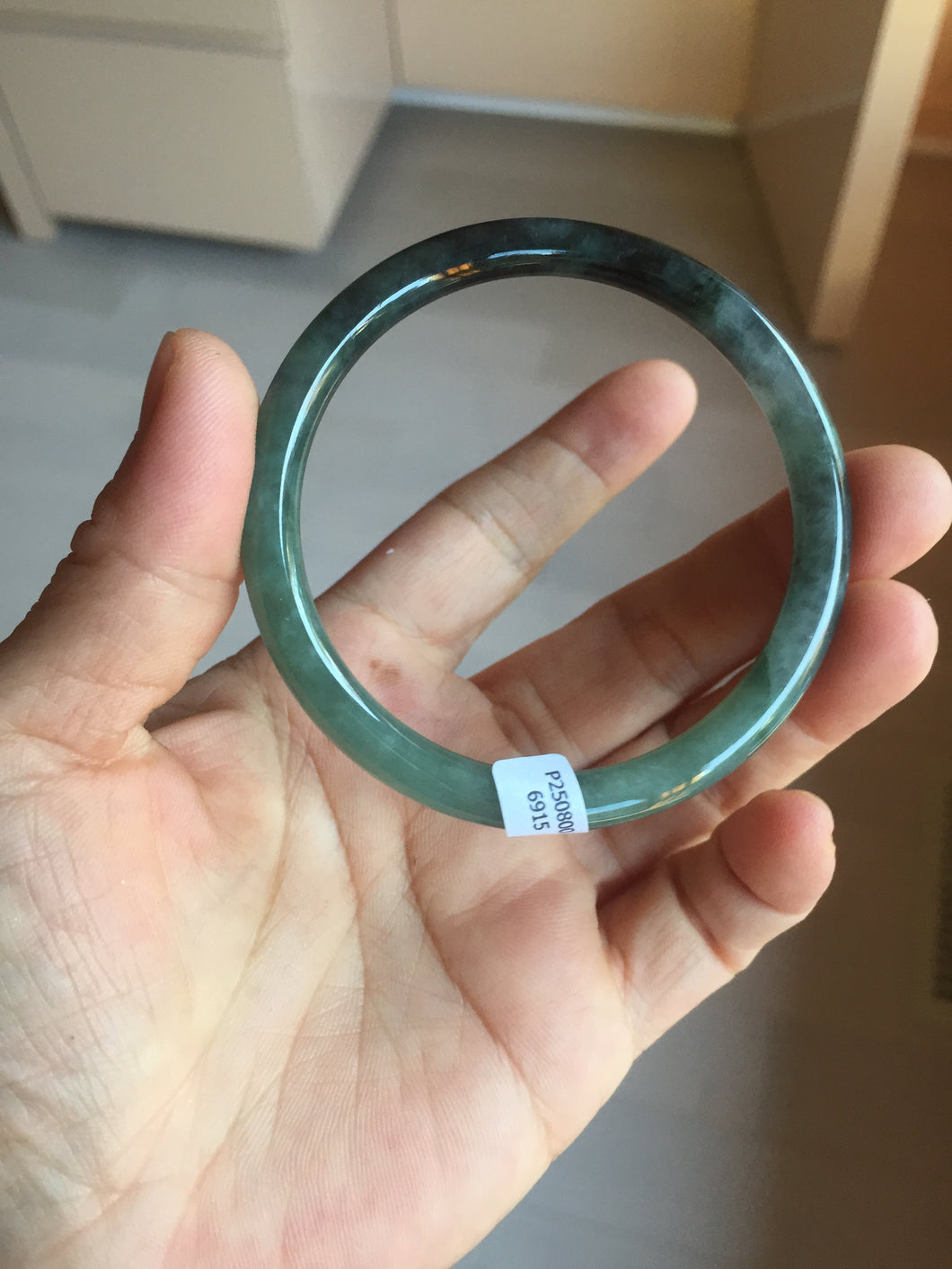 56mm Certified Type A 100% Natural dark green/black/blue with black floating flowers(Wuji) slim round cut Jadeite bangle PD112-6915