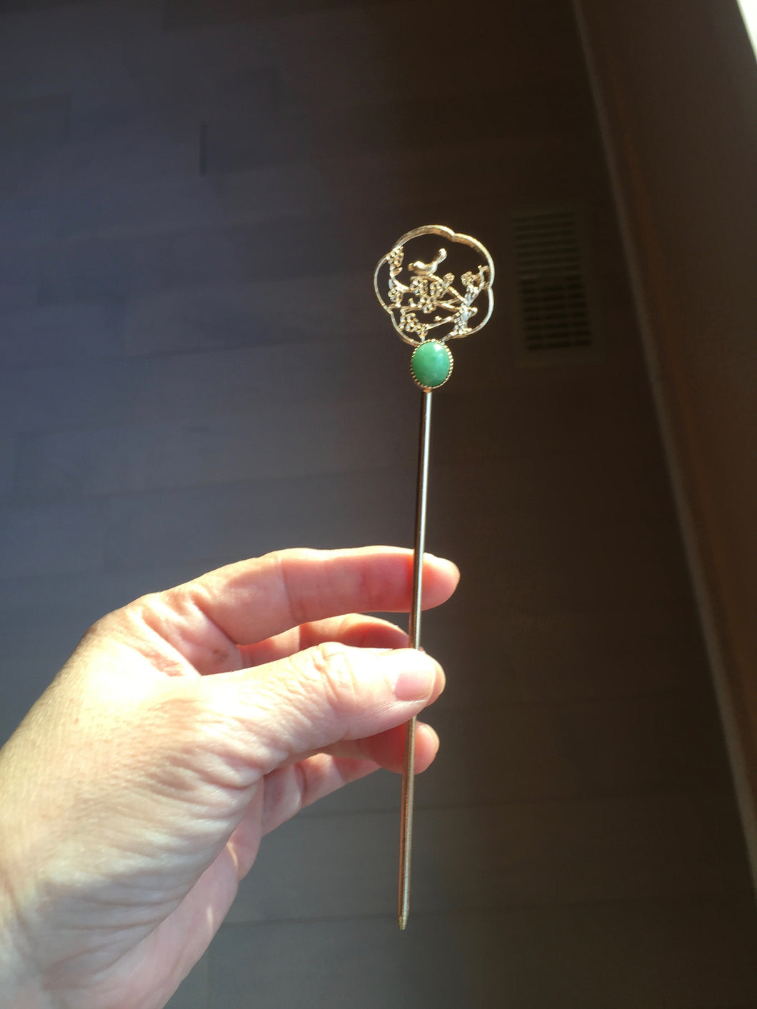 100% natural Type A sunny green Jadeite Gold tone Alloy Hair Stick with Jade Cabochon | Auspicious Magpie & Plum Blossom Design PE19