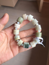 Load image into Gallery viewer, AllaboutjadeCanada.com only 54–58mm 100% Natural Type A light Green, yellow, purple, brown &amp; Gray Jadeite Cylinder Bead Bracelet PC245 add on item.
