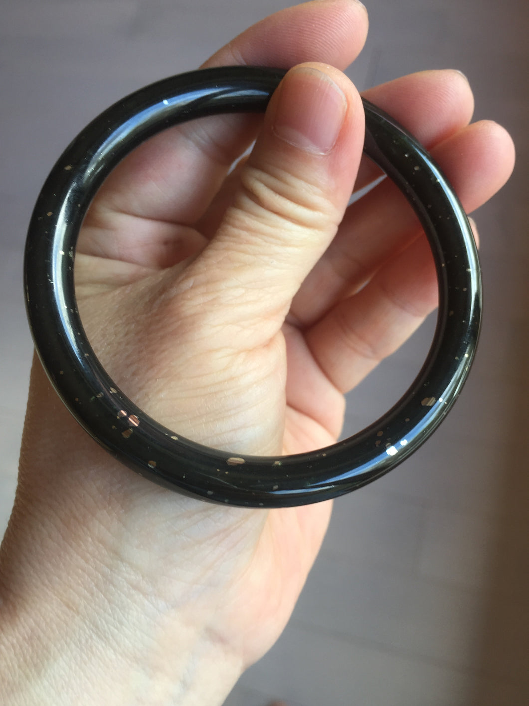 61.4mm certified 100% Natural dark green/black meteorite Stellar Night sky slim round cut nephrite bangle HF114-1255