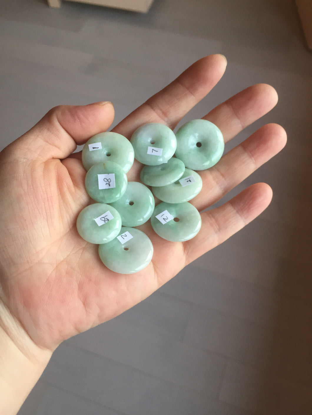 18-23.5mm Type A 100% Natural  light green sunny green white Jadeite Jade Safety Guardian Button donuts Pendant group AA67