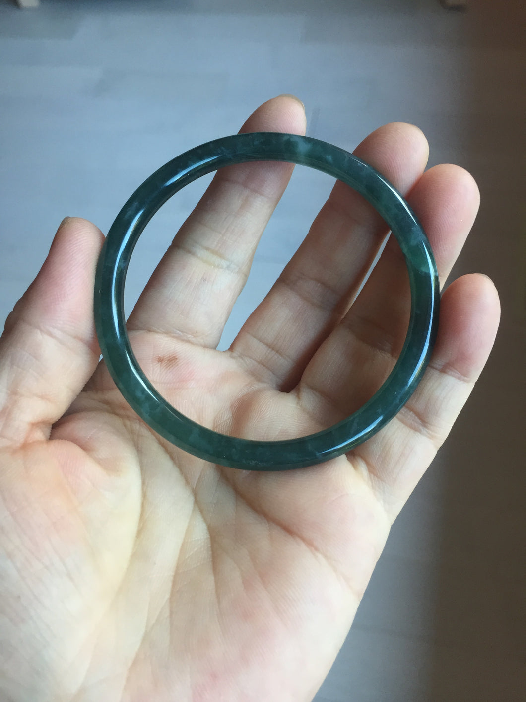 56.2mm Certified Type A 100% Natural icy watery dark green/blue/gray Guatemala slim round cut Jadeite bangle PD62-3386