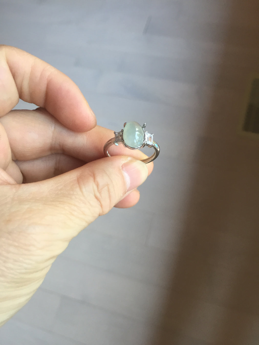 100% natural type A icy watery light green four-prong jadeite jade ring PA79