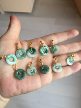 Load image into Gallery viewer, 12–14.5mm Certified Type A 100% Natural Sunny Green Dark Green White Jadeite Jade Concentric Ring Safety Guardian Donut Mom &amp; Daughter Pendant 子母扣 PC224
