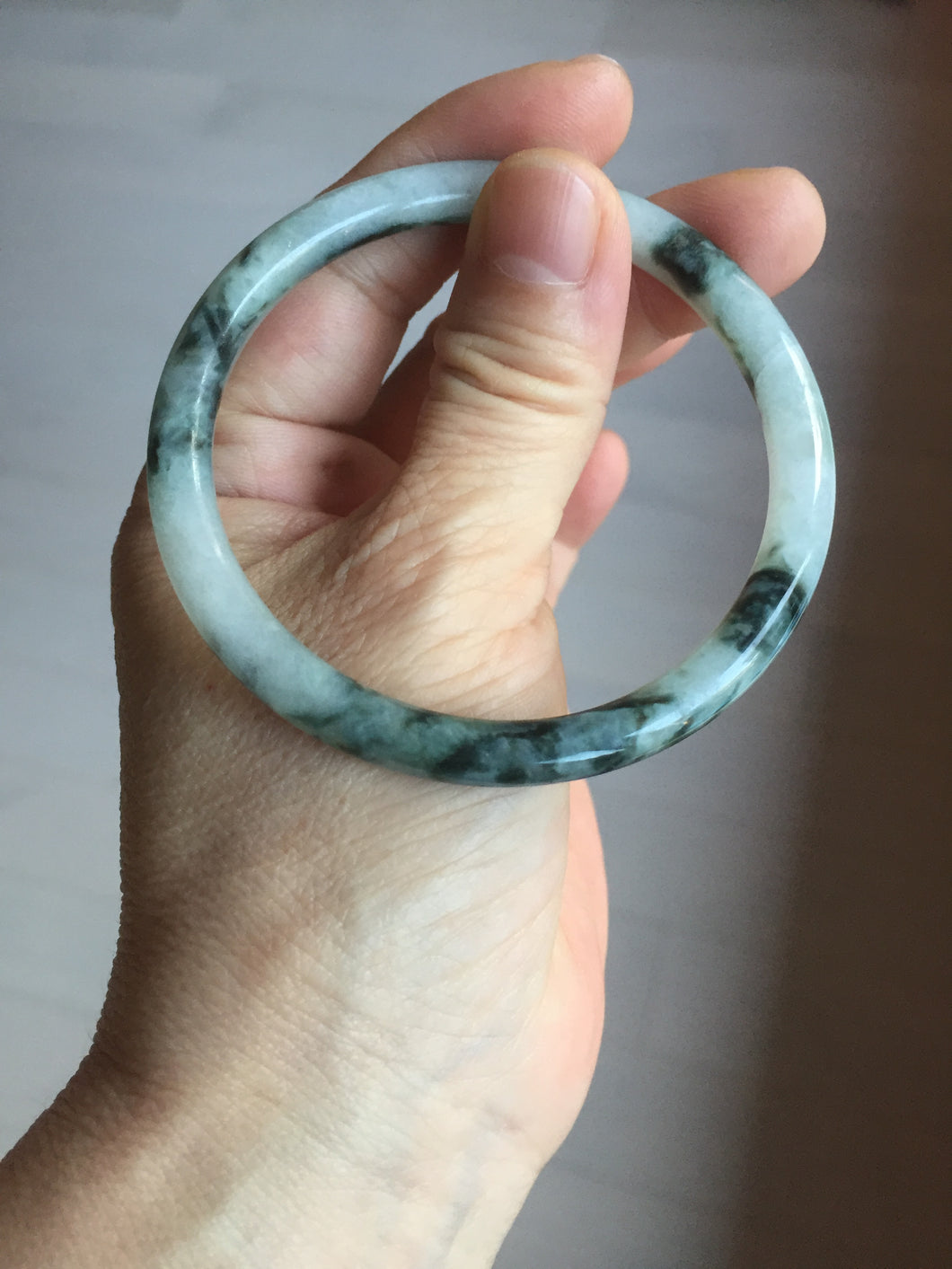 55.4mm Certified Type A 100% Natural green/black/gray with dark green floating flowers slim round cut Jadeite bangle PD79-5746