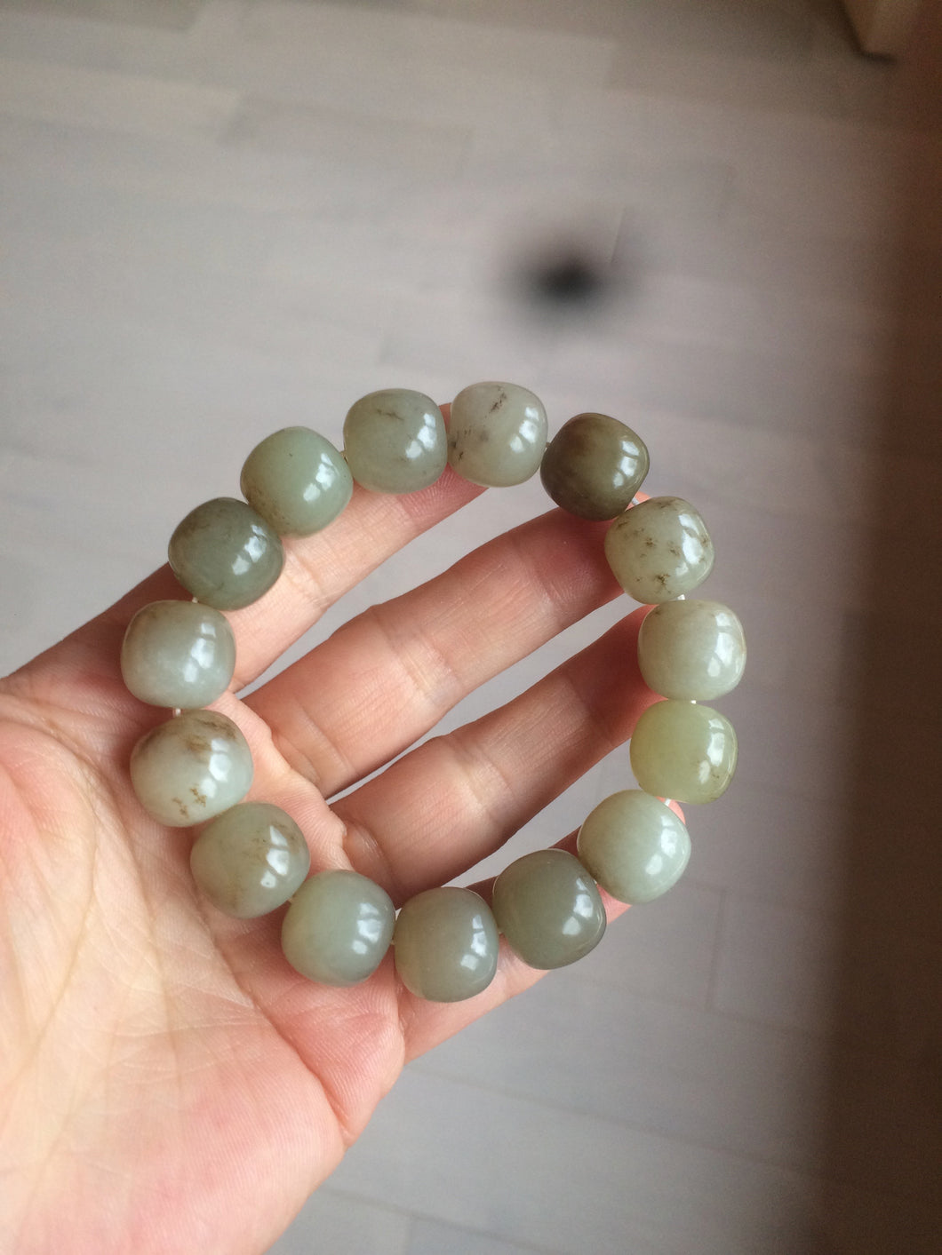 14x13mm 100% Natural light green/gray/brown with brown flying dandelions vintage style nephrite Jade bead bracelet HE84