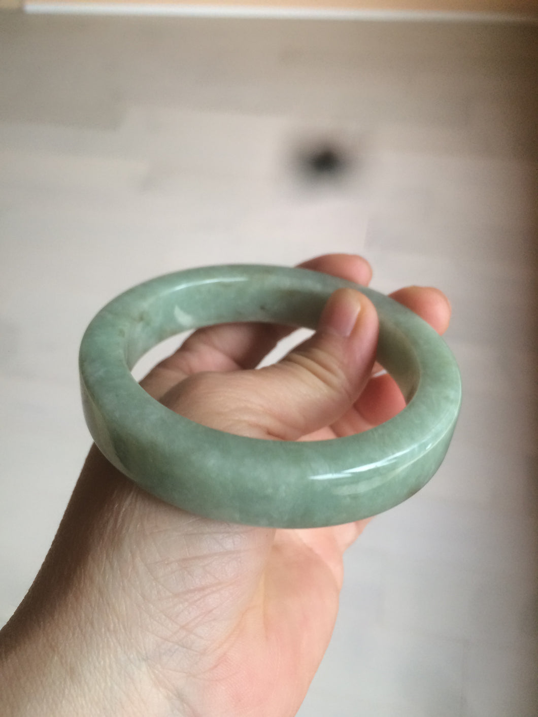 59.5mm certified type A 100% Natural light green/gray chubby square style Jadeite Jade bangle AZ38-1505