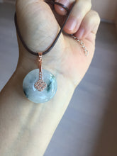 Load image into Gallery viewer, 23.8mm Type A 100% Natural icy watery white with green floating flowers Jadeite Safety Guardian Button donuts pendant BP186
