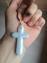 Load image into Gallery viewer, 100% Natural type A light green/white/gray jadeite Jade Hand-held cross or cross pendant AY55

