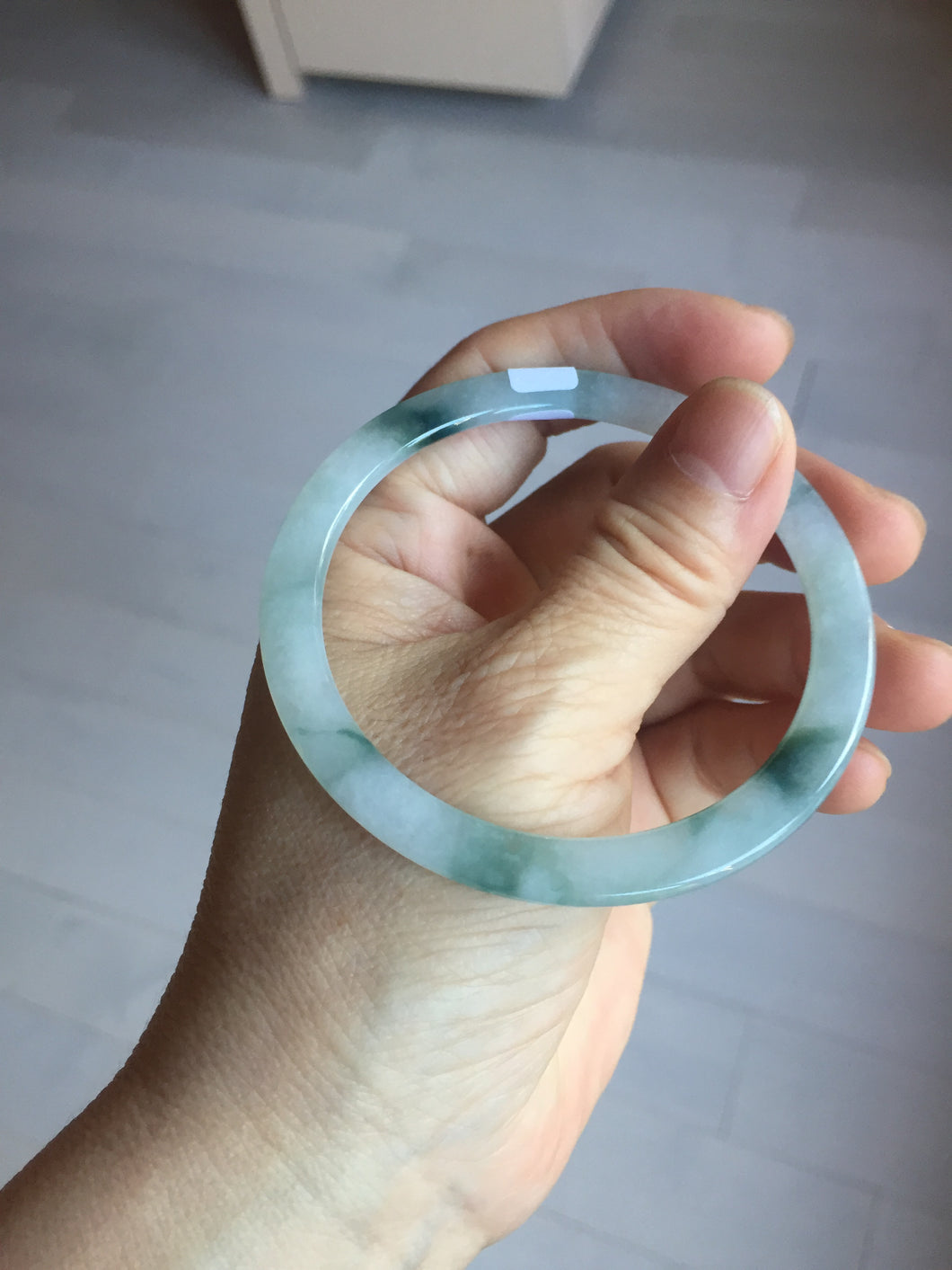 57.5mm certified 100% natural type A icy watery white beige with green floating flowers flat jadeite bangle PD26-5816