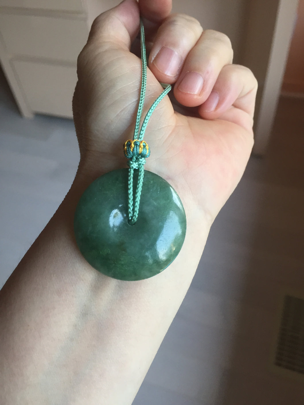 34mm Type A 100% Natural oily dark green(老油青) Jadeite Jade Safety Guardian lenticular disc Button donuts pendant PA106