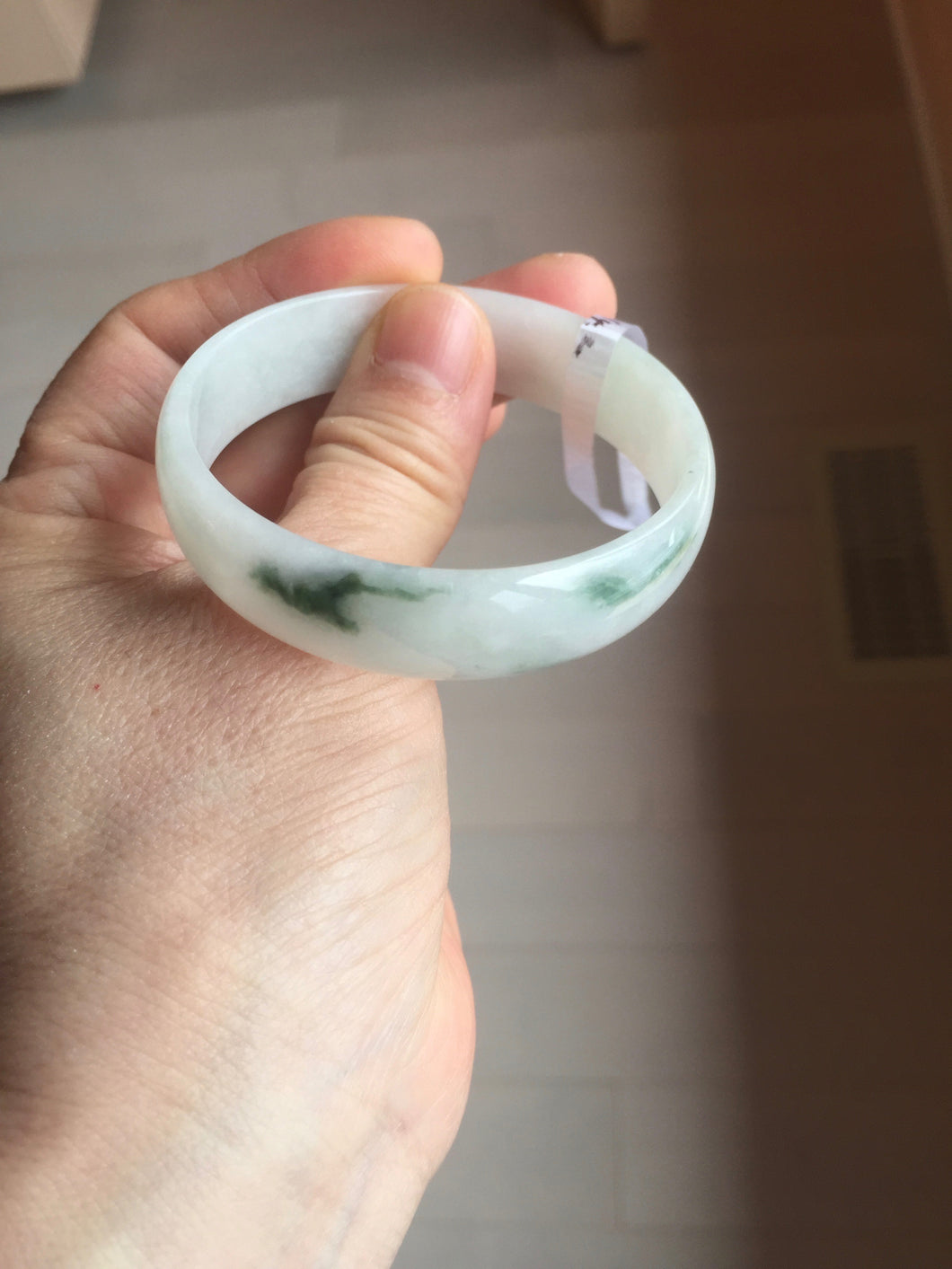 52.5mm Certificated  Type A100% green/white thin Jadeite Jade bangle F10-1164