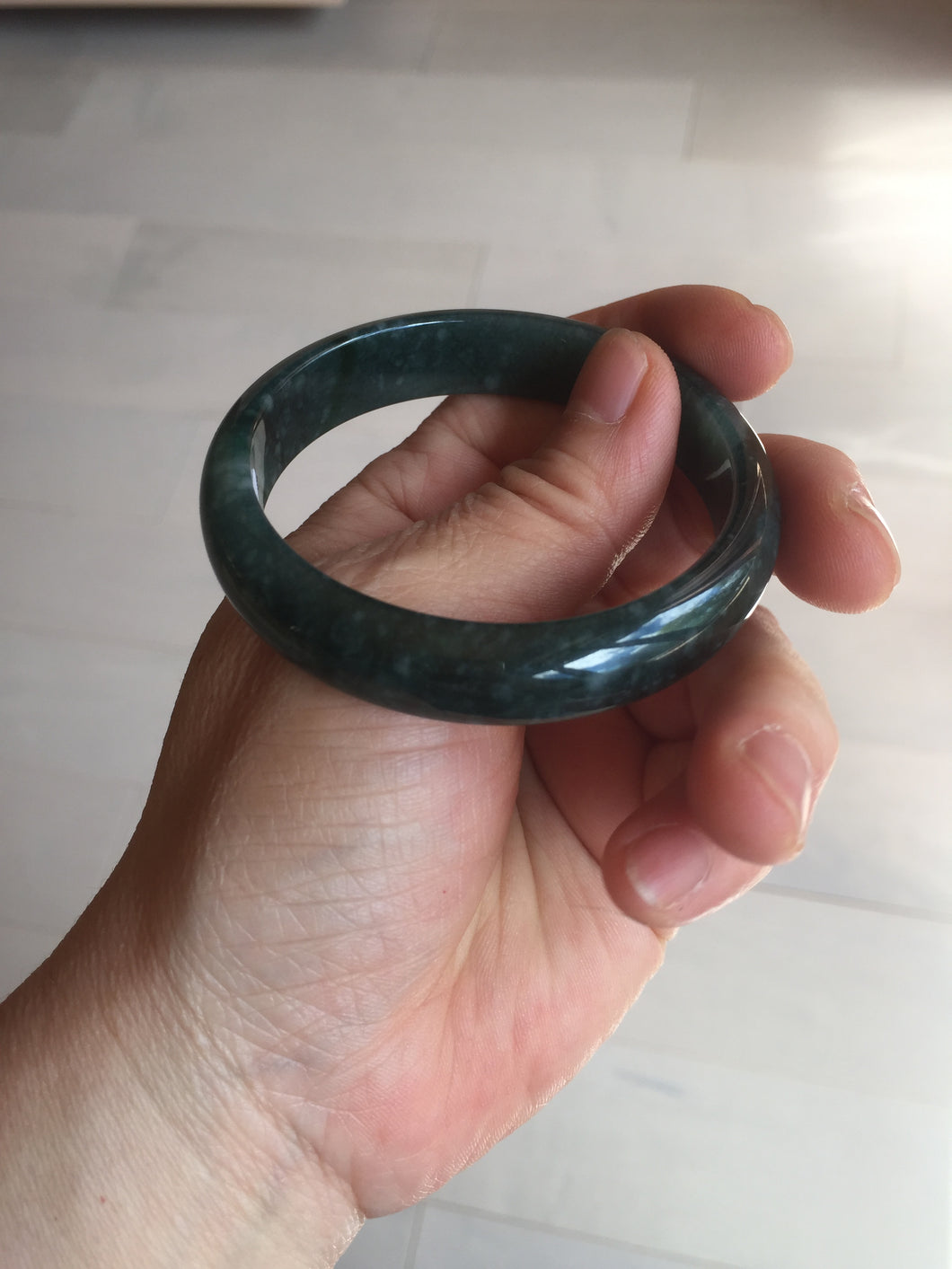 55.5mm Certified Type A 100% Natural deep sea green/blue/gray/white Guatemala Jadeite bangle PC35-8521