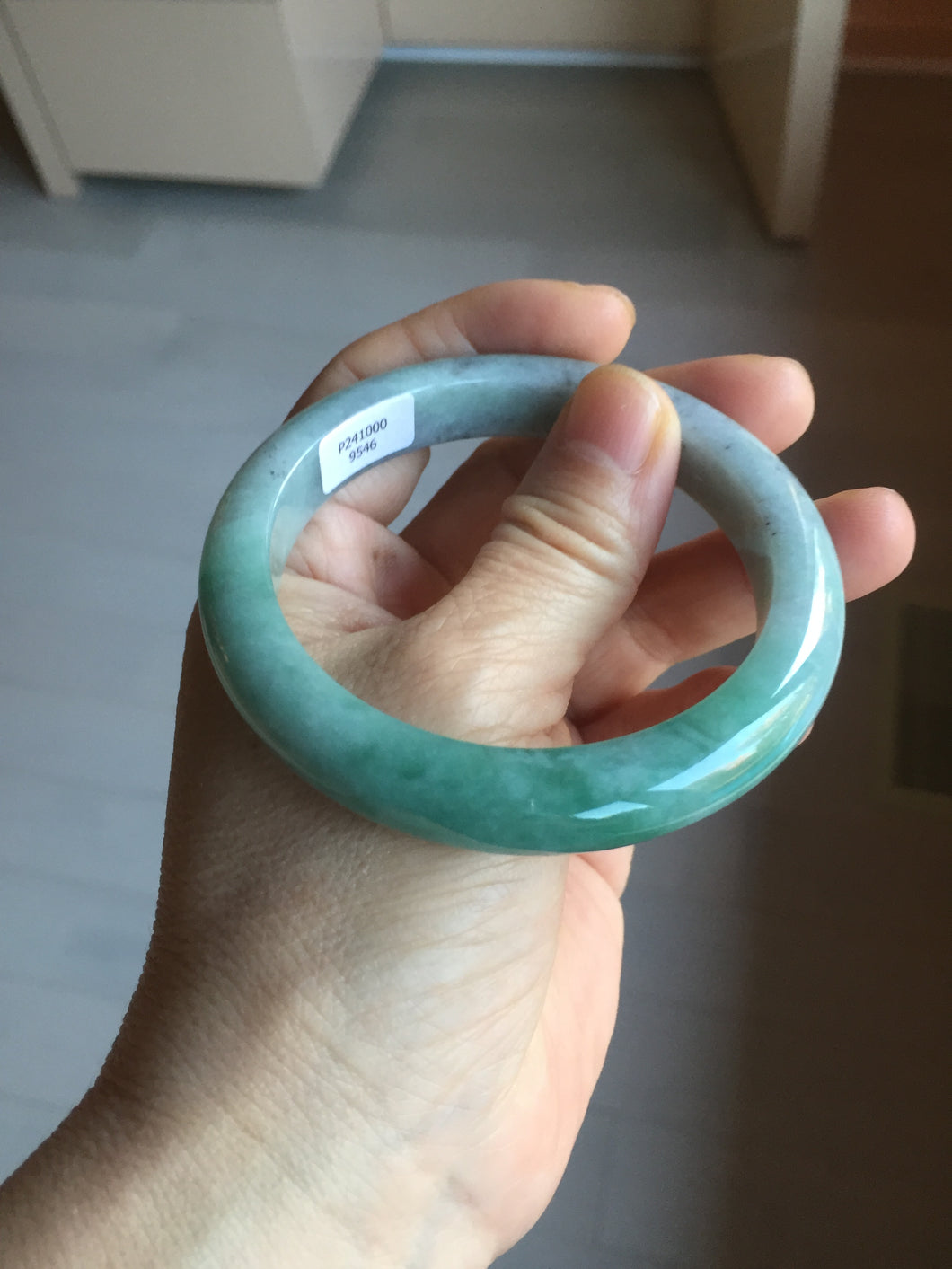 57mm Certified Type A 100% Natural sunny green/gray/black chubby Jadeite bangle PB242-9546