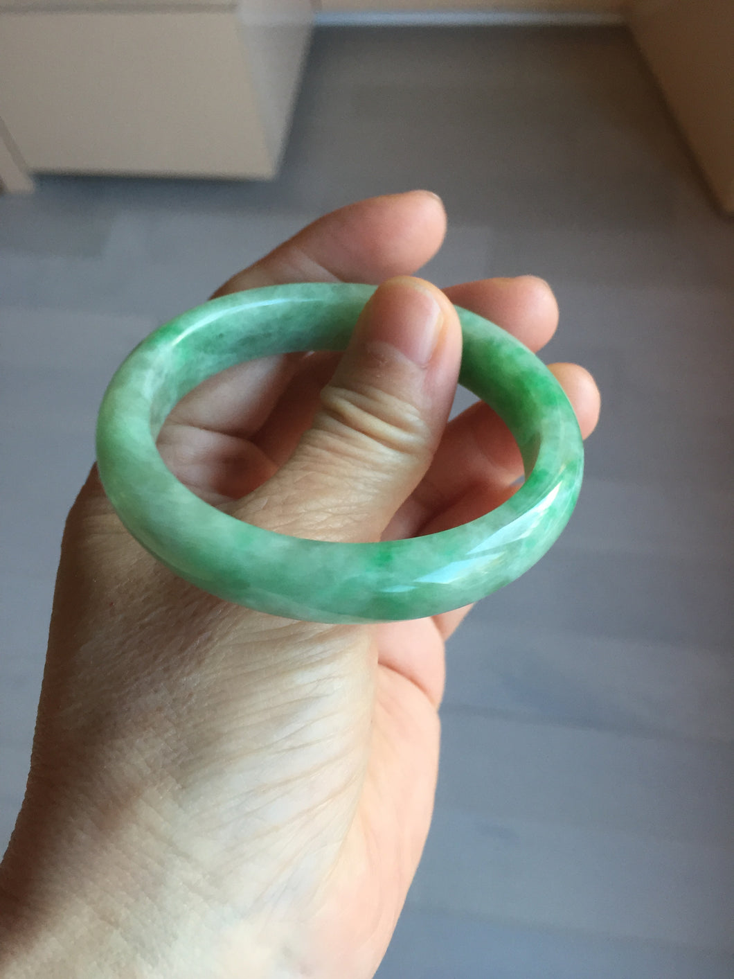 50mm Certified Type A 100% Natural sunny green gray Oval shape Jadeite Jade bangle BG235-9903