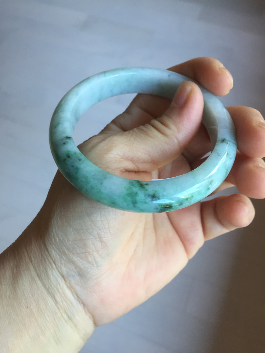 55.5mm Certified Type A 100% Natural light green purple with floating flowers Jadeite bangle AY129-6645