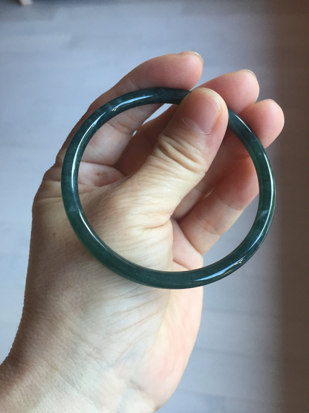 56.2mm Certified Type A 100% Natural icy watery dark green/blue/gray Guatemala slim round cut Jadeite bangle PD54-5521