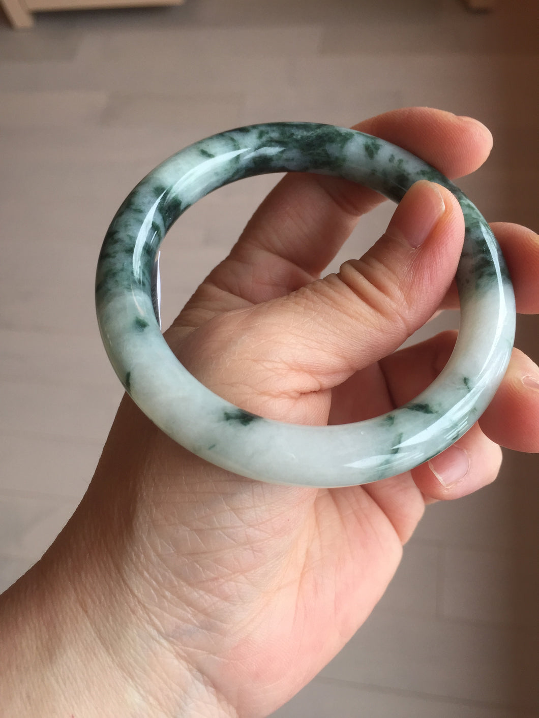 55.5mm certified 100% natural Type A silent snow and green fire forest round cut jadeite jade bangle AA35-4285