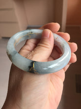 Load image into Gallery viewer, 54mm 100% Natural type A icy watery green white carved flowers and golden-painted Jadeite Jade bangle PB285
