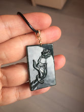 Load image into Gallery viewer, Type A 100% Natural dark green/blue/black Guatemala Jadeite hand/flower The World in a Single Bloom (一花一世界) Safe and sound rectangle pendant PF53
