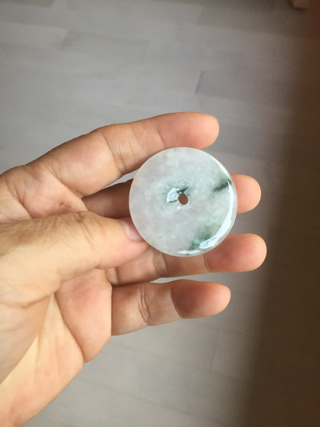 37.9mm Type A 100% Natural icy watery white purple with green floating flowers Jadeite Jade Safety Guardian Button donuts couple pendant PA65