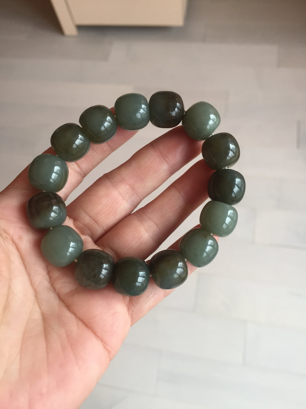 14x13.2mm 100% Natural olive green/brown/black sugar vintage style nephrite Jade bead bracelet HE87