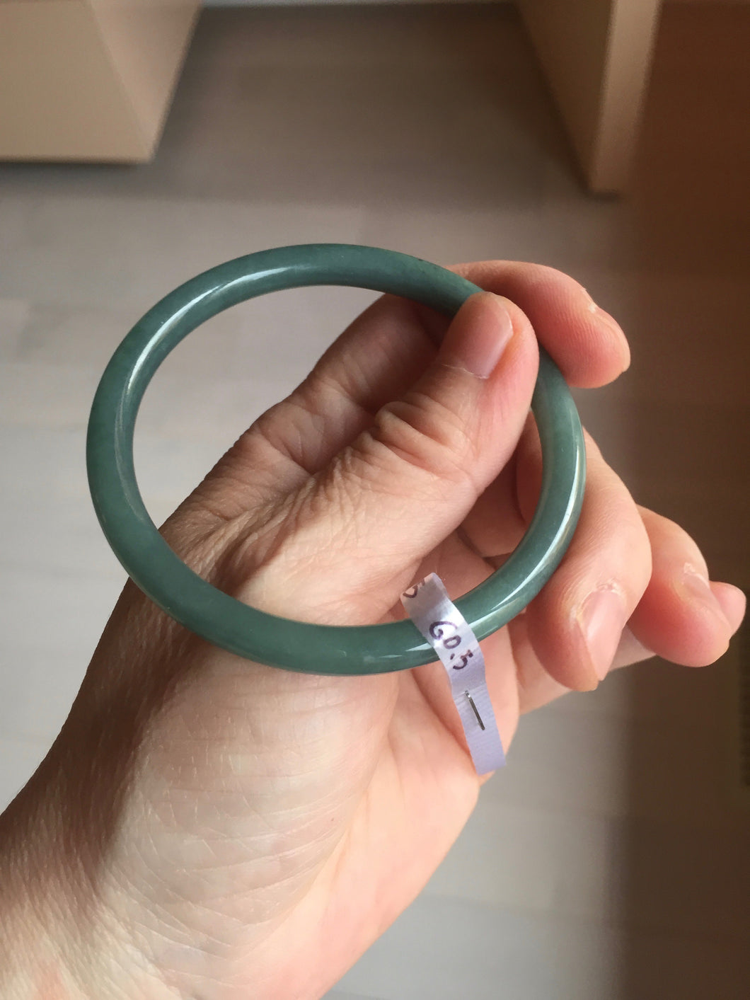 55.5mm Certified Type A 100% Natural light green/blue/gray with black floating fowers Guatemala slim round cut Jadeite bangle BP215-(3790)