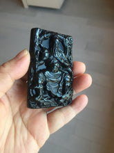 Load image into Gallery viewer, 100% Natural type A dark green black jadeite jade(墨翠, mocui) God of wealth General Guan (武财神关公) pendant pendant/worry stone AA64
