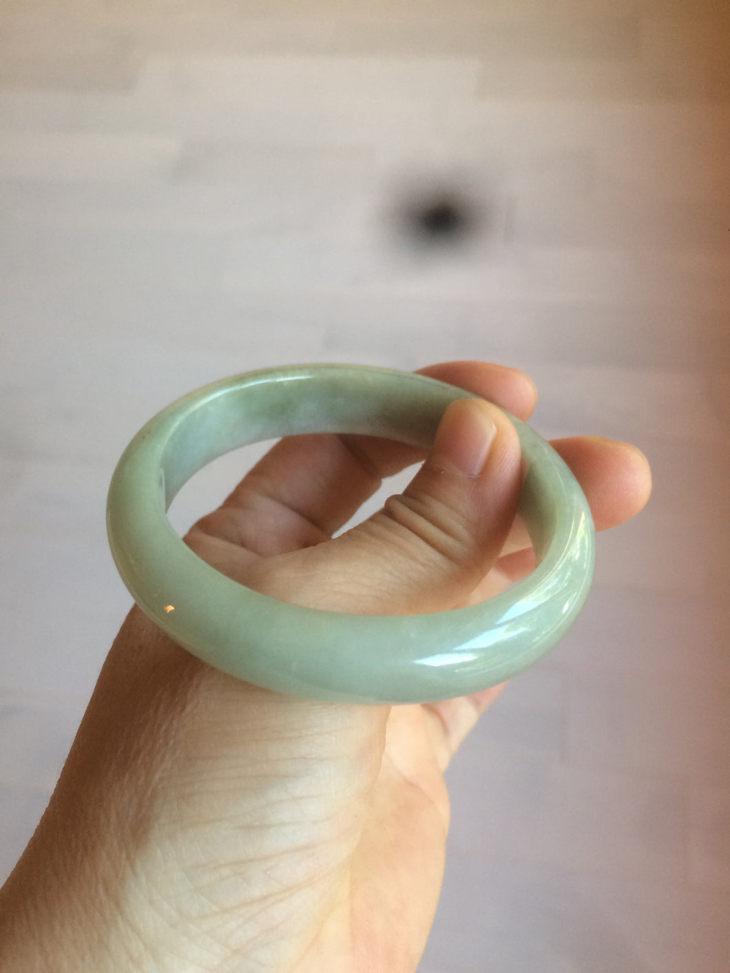 52.5 mm Certified Type A 100% Natural light green/gray Jadeite Jade oval bangle AZ70-0363